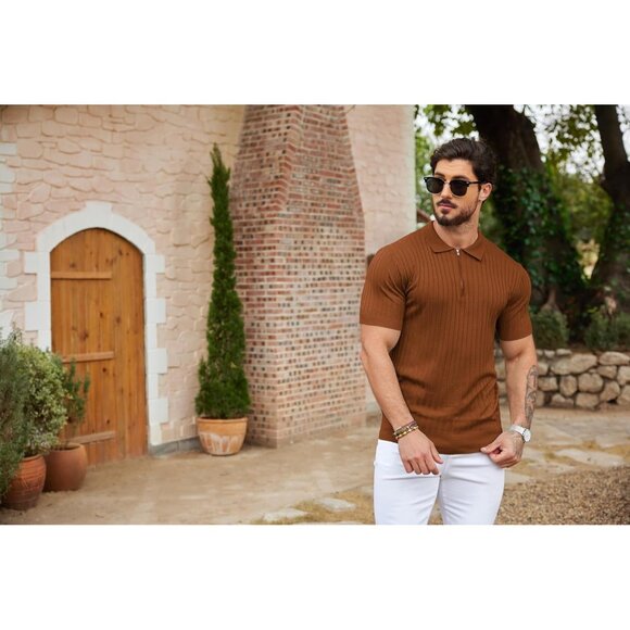 Men's Zipper Polo Shirts Short Sleeve Ribbed Knit Polo T Shirts Brown - Picture 7 of 7